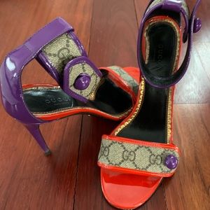GG monogram Gucci high heel sandals stilettos orange purple tan AUTHENTIC